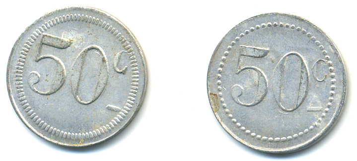 ФРАНЦИЯ 50 САНТИМОВ НАЧАЛО XX ВЕКА d 24 мм, вес около 1,0 гр., платежный жетон алюминий 89-927