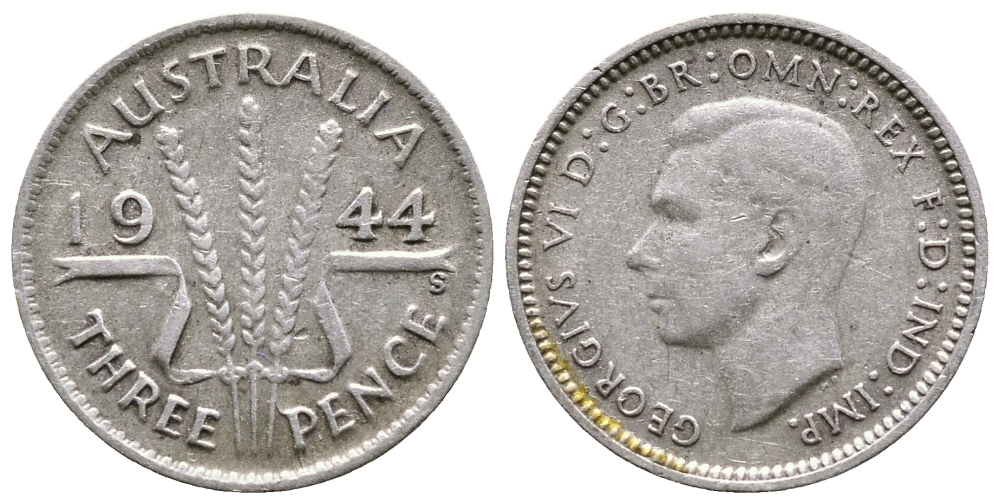Австралия 3 пенса 1944 S, Георг VI (1937-1952) KM 37 серебро 4178-235