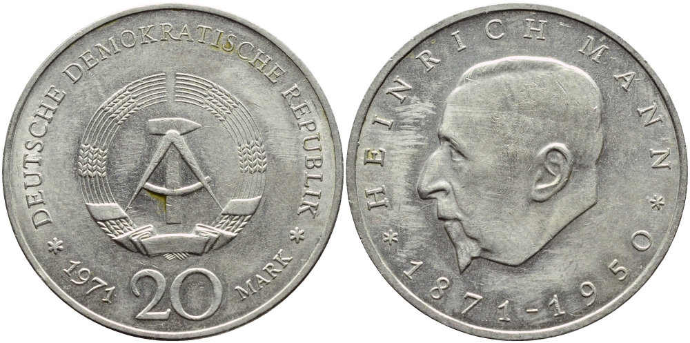 ГДР 20 марок 1971 А, 100 лет со дня рождения Генриха Манна (1871-1950) KM 33, J. 1531 медно-никель 4394-326