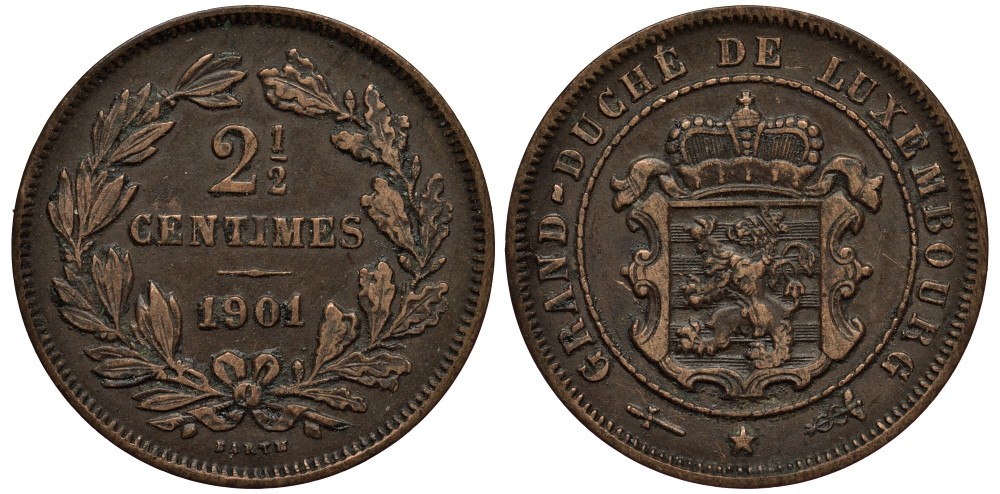 Люксембург 2 1/2 сантима 1901 великий герцог Адольф (1890-1905), BARTH КМ 21 бронза 4538-757