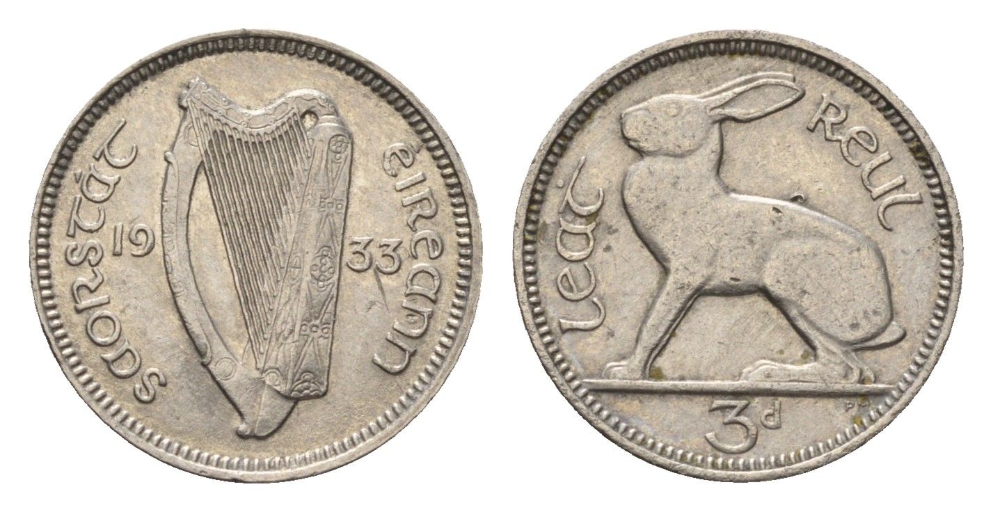 Ирландия 3 пенса 1933 заяц KM 4 никель 3851-1118