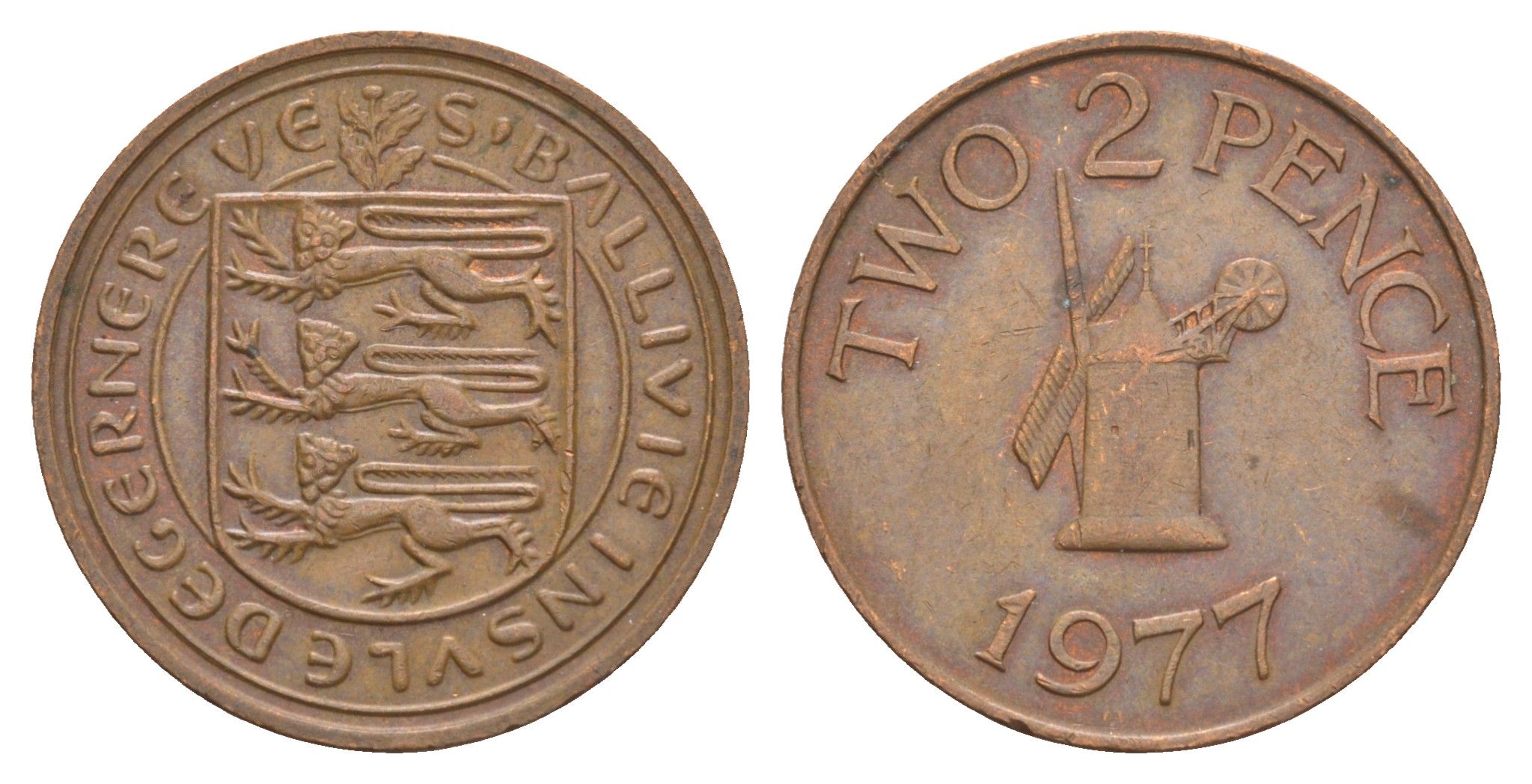 Гернси 2 пенса 1977 Елизавета II (1952-2022), ветряная мельница KM 28 бронза 4656-1056