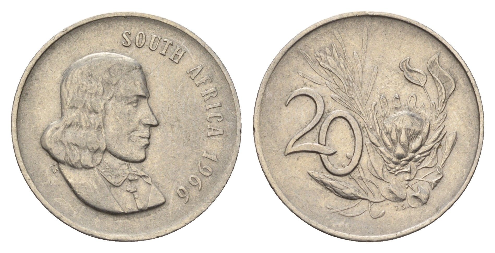 ЮАР 20 центов 1966 Ян ван Рибек (1619-1677), South Africa, легенда на английском, цветок протея KM 69.1 медно-никель 4114-613