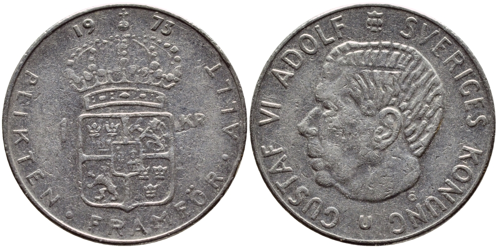 Швеция 1 крона 1973 Густав VI Адольф (1950-1973) KM 826а медь плакированная медно-никелем 4395-946