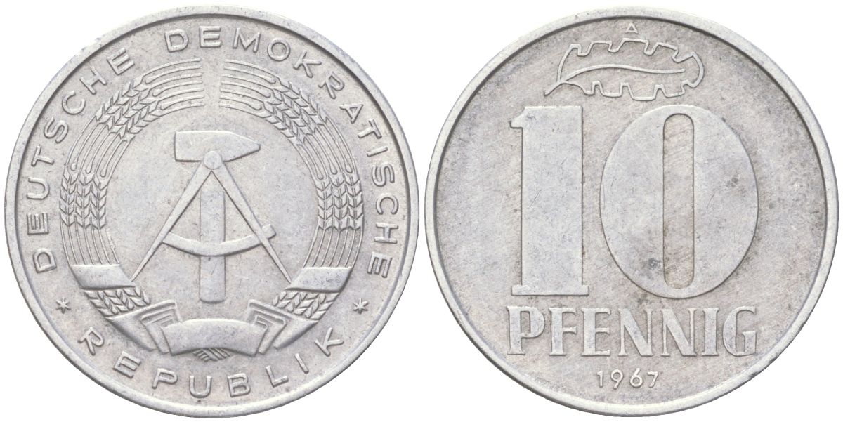 ГДР 10 пфеннигов 1967 A KM 10 алюминий 4613-952