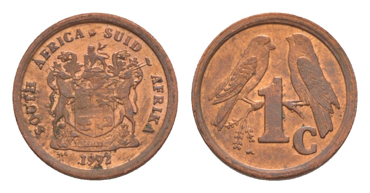 ЮАР 1 цент 1992 герб, капские воробьи KM 132 сталь плакированная медью aUNC 4608-653