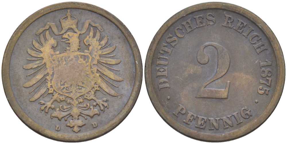 ГЕРМАНИЯ 2 ПФЕННИГА 1875 D, СТАРОГЕРБОВКА KM 2, J. 2, Weege 3 медь 212-527