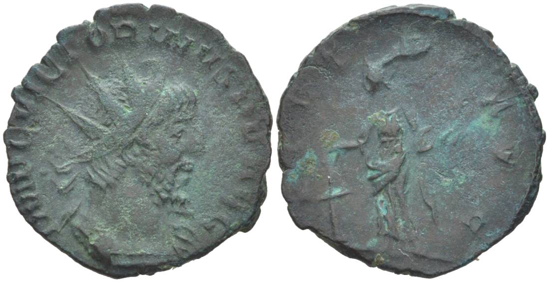 Римская Империя, императоры в Галлии антониниан 269 - 271 Викторин, IMP C VICTORINVS P F AVG, бюст императора / PIETAS AVG, Пиетата, персонификация Благочестия, Колония Агриппины (Кельн) RIC 57 биллон 1073-20-37