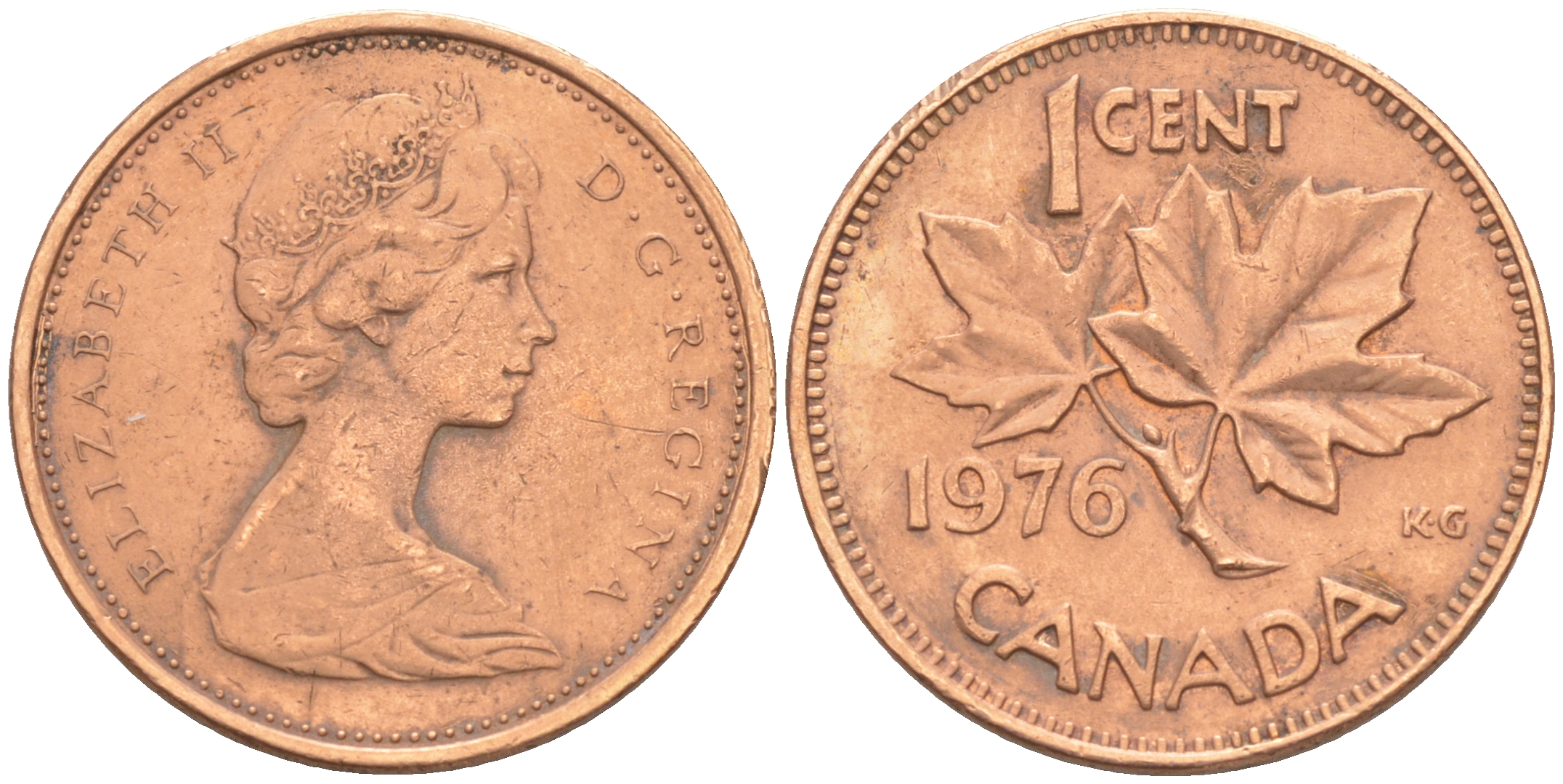 Канада 1 цент 1976 Елизавета II (1952-2022), кленовый лист KM 59.1 бронза 188-754