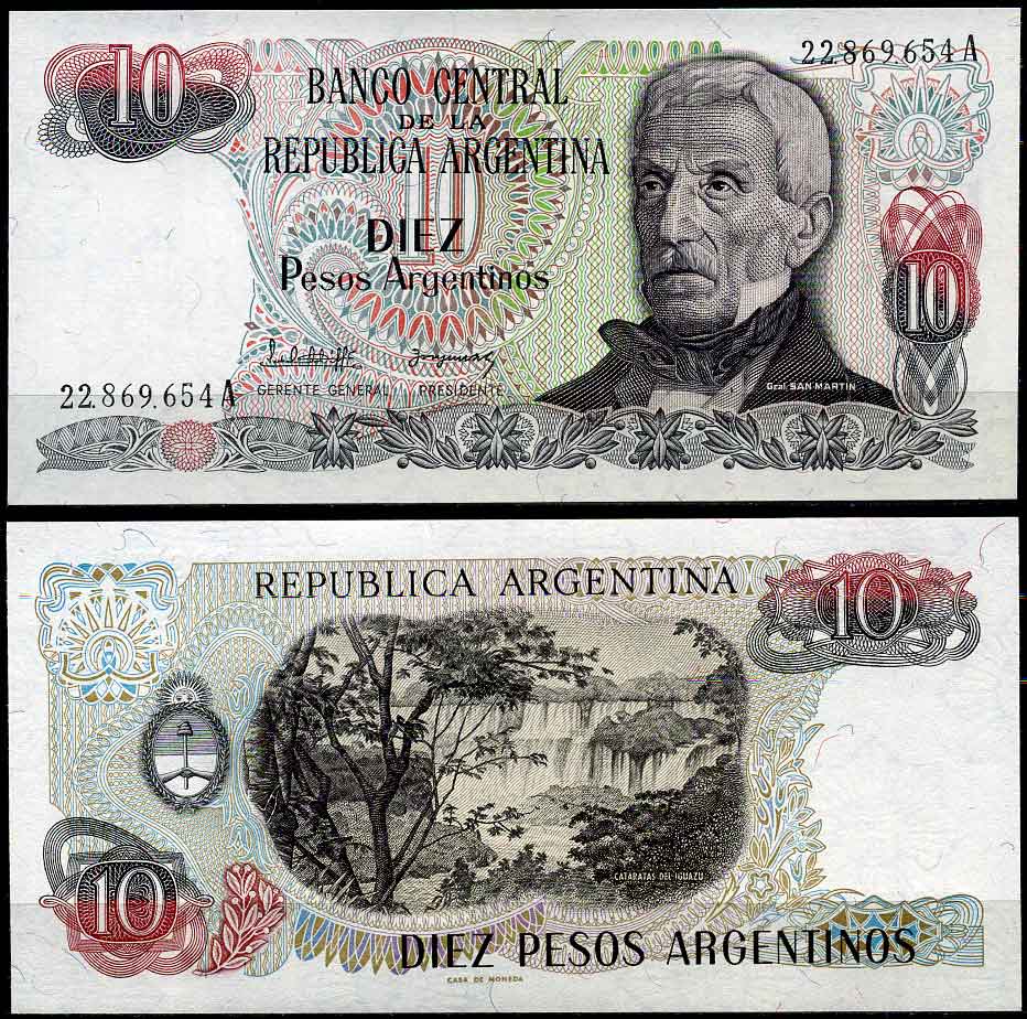 Аргентина 10 песо 1983 серия А 22869, Генерал Сан Мартин (1778-1850) Pick 313a  бумага  UNC (пресс) 447-24-1-2