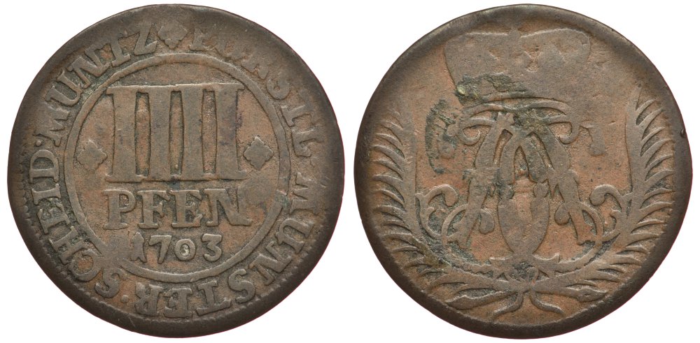 Мюнстер 4 пфеннига 1703 KM 133, Schulze 163 a медь 4127-1312
