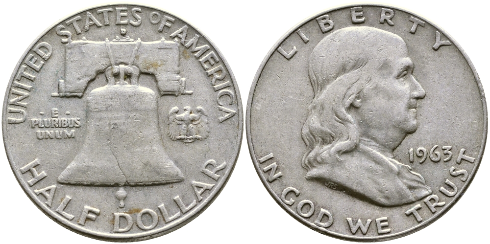 США 1/2 ДОЛЛАРА ( 50 ЦЕНТОВ ) 1963 D, ФРАНКЛИН, КОЛОКОЛ KM 199 серебро 00-00