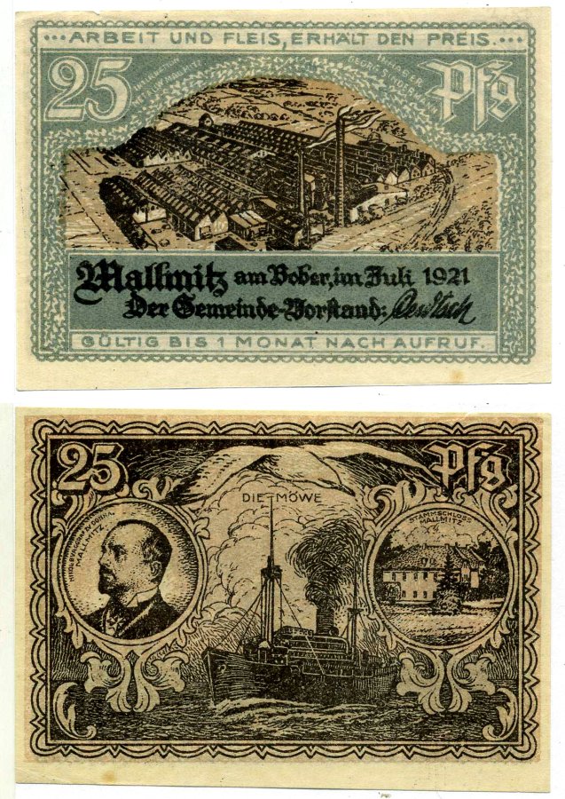 Малимитц 25 пфеннигов 1921 июль 1921, нотгельд, земля Силезия Grabowski 865.1 бумага 2195-42-2-2