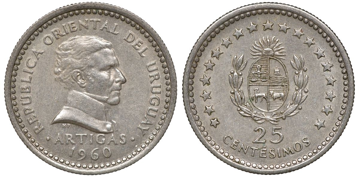 Уругвай 25 сентесимо 1960 KM 40 медно-никель 4169-1025
