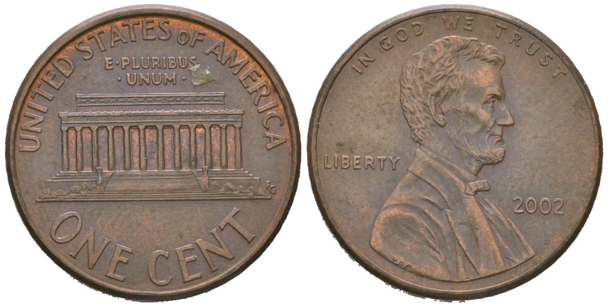 США 1 цент 2002 KM 201b цинк плакированная медью 4580-725