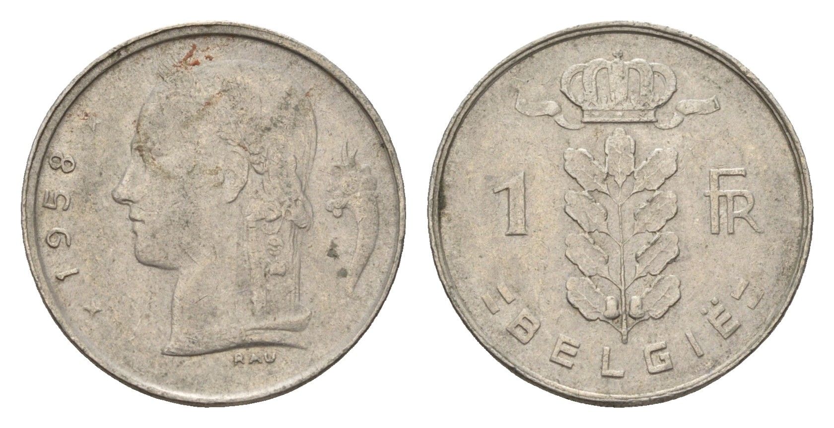 Бельгия 1 франк 1958 Belgie, Бодуэн I (1951-1993) KM 143 медно-никель 4674-421