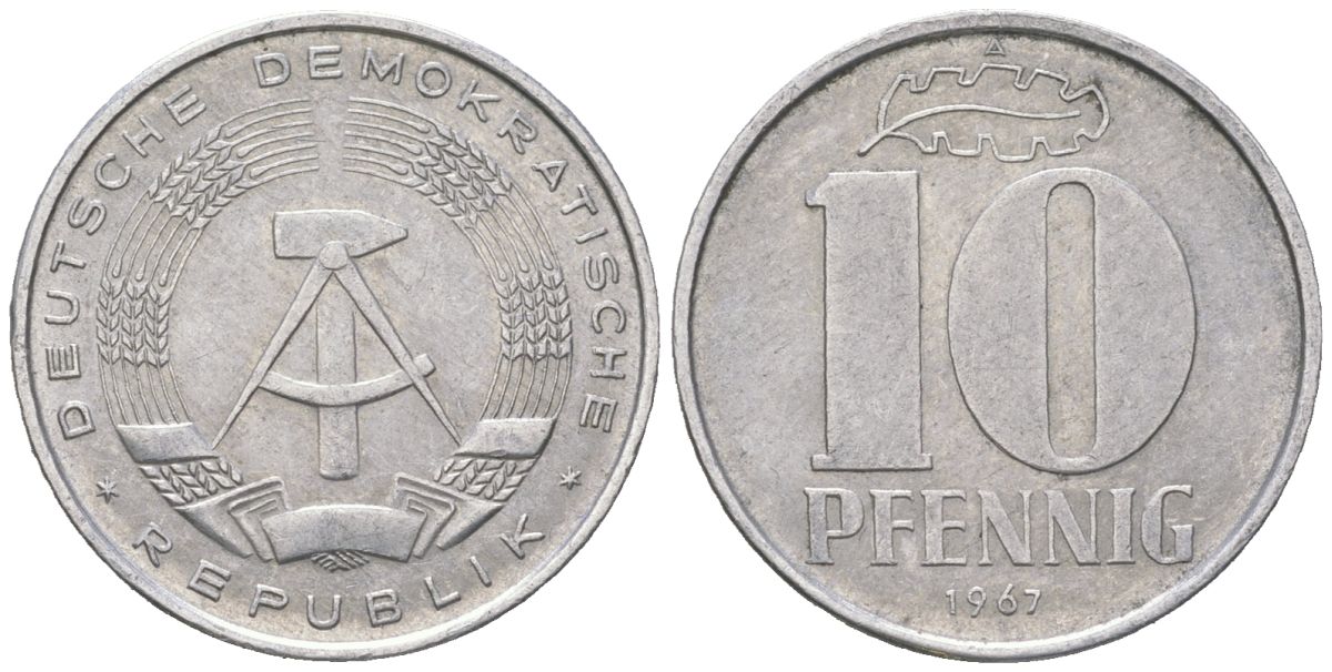 ГДР 10 пфеннигов 1967 A KM 10 алюминий 201-823