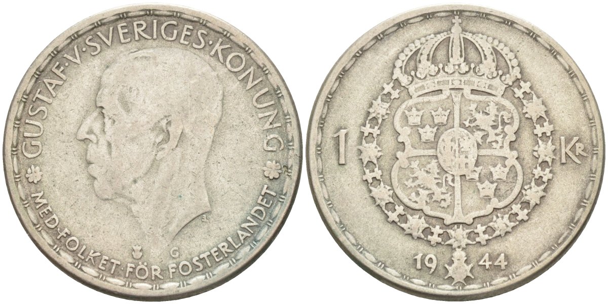 Швеция 1 крона 1944 G, Густав V (1907-1950) KM 814 серебро 3718-417