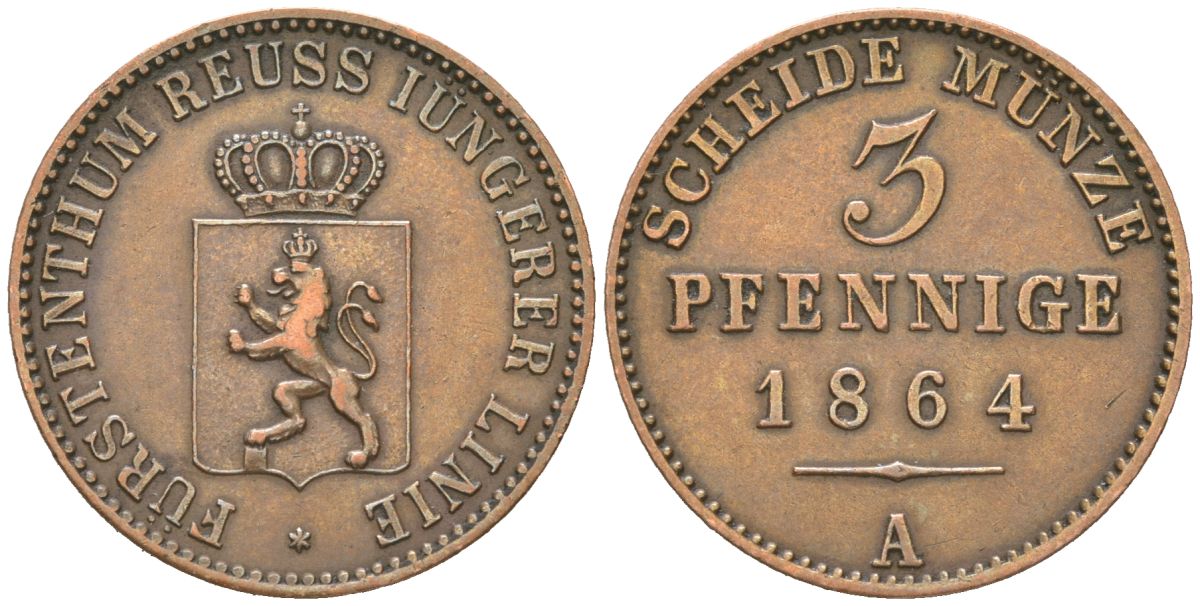 Рейсс-Шлейц 3 пфеннига 1864 A, Генрих XXII (1859-1867) KM 70 медь 68-842
