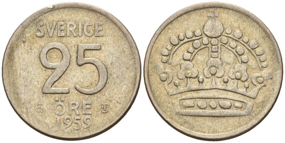 Швеция 25 эре 1959 TS, Густав VI Адольф (1950-1973) KM 824 серебро 4147-1064