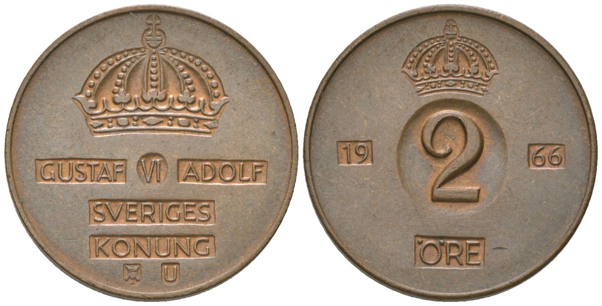 Швеция 2 эре 1966 U, Густав VI Адольф (1950-1973) KM 821 бронза 4594-358