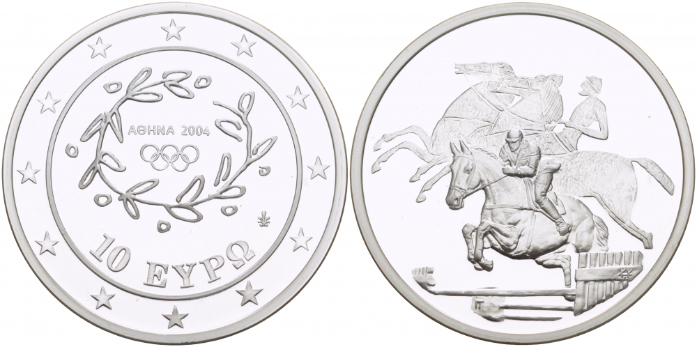 Греция 10 евро 2003 XXVIII летние Олимпийские игры 2004 года в Афинах, конный спорт, конкур KM 197 серебро PROOF 06-275-15