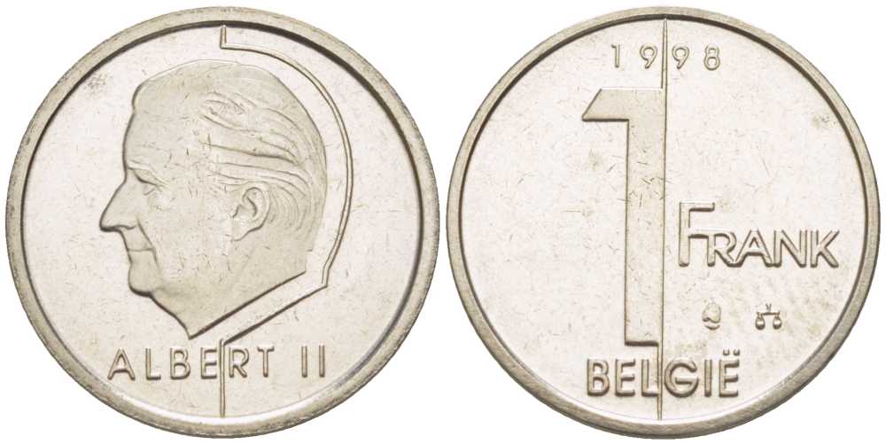 БЕЛЬГИЯ 1 ФРАНК 1998 BELGIE, АЛЬБЕРТ II (1993-) KM 188 железо плакированное никелем 3851-1154
