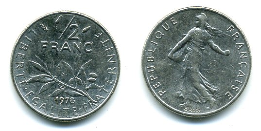 ФРАНЦИЯ 1/2 ФРАНКА 1978 СЕЯТЕЛЬ KM 931.1, LE FRANC 198.17 никель 3999-825