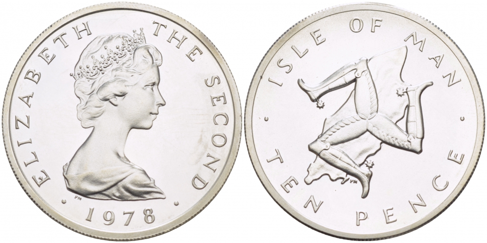 Остров Мэн 10 пенсов 1978 Елизавета II (1952-2022), тираж 10000 экземпляров КМ 36.1a серебро UNC 650-532