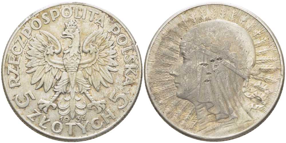 ПОЛЬША 5 ЗЛОТЫХ 1934 W, ЯДВИГА KM 21 серебро 5010-1123