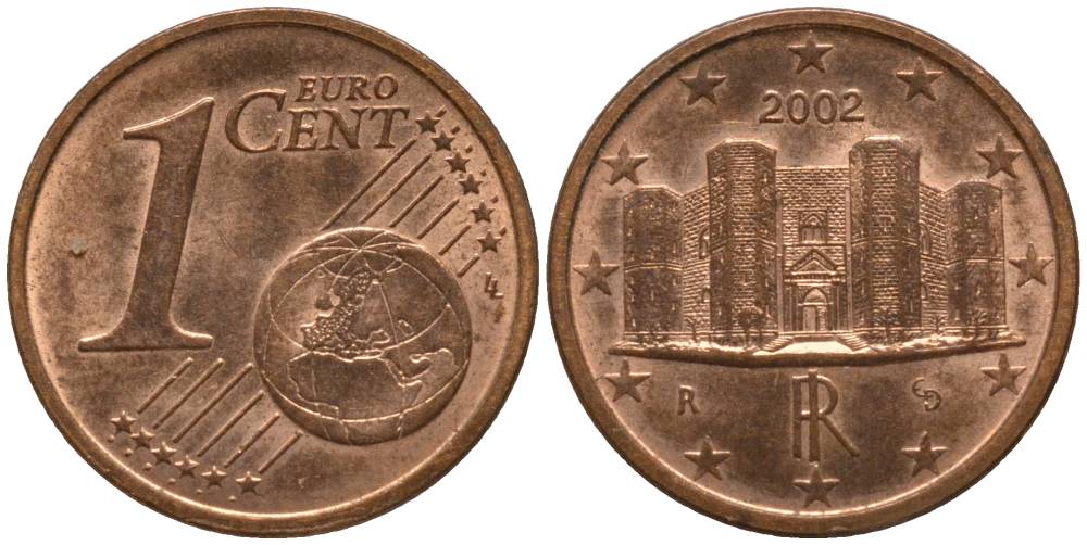 Италия 1 евроцент 2002 KM 210 сталь плакированная медью 218-1224