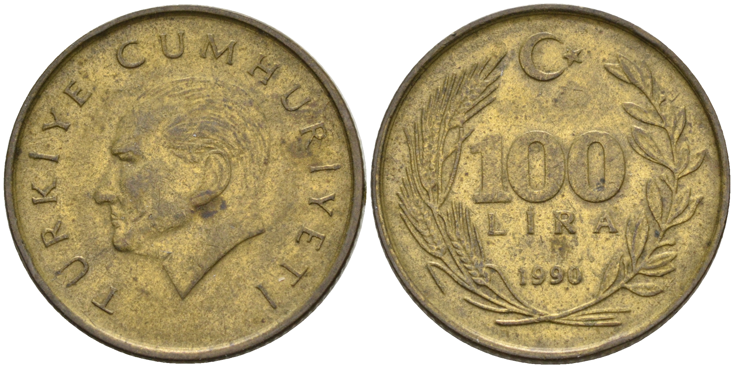 Турция 100 лир 1990 Кемаль Ататюрк KM 988 алюминевая бронза 4595-522