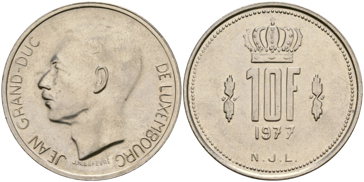 Люксембург 10 франков 1977 Великий герцог Жан (1964-2000) KM 57 никель 4120-1144