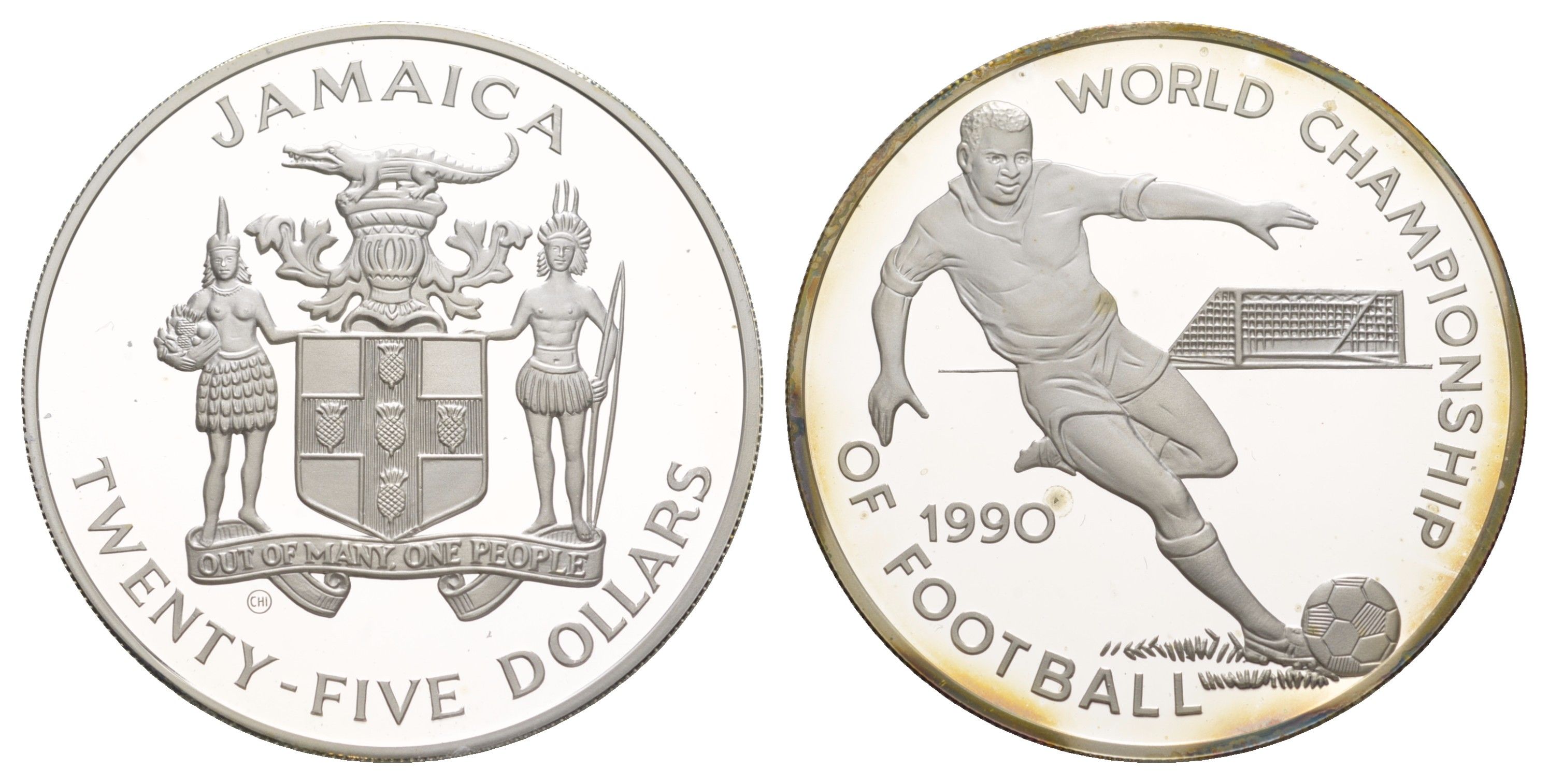 Ямайка 25 долларов 1990 Чемпионат мира по футболу 1990, Италия KM 142 серебро PROOF 1083-2-43