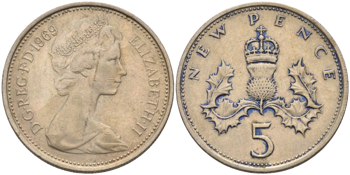 Великобритания 5 пенсов 1969 Елизавета II (1952-2022) KM 911, Spink 4233 (D1) медно-никель 4586-925