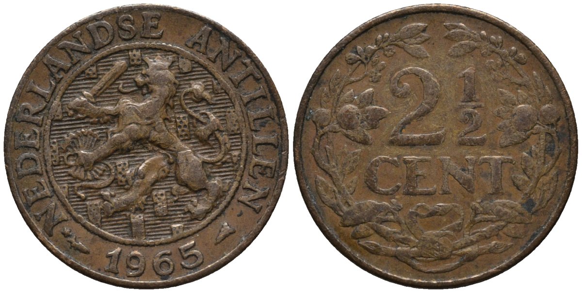 Нидерландские Антилы 2 1/2 цента 1965 Юлиана (1948-1980) KM 5 бронза 4579-912