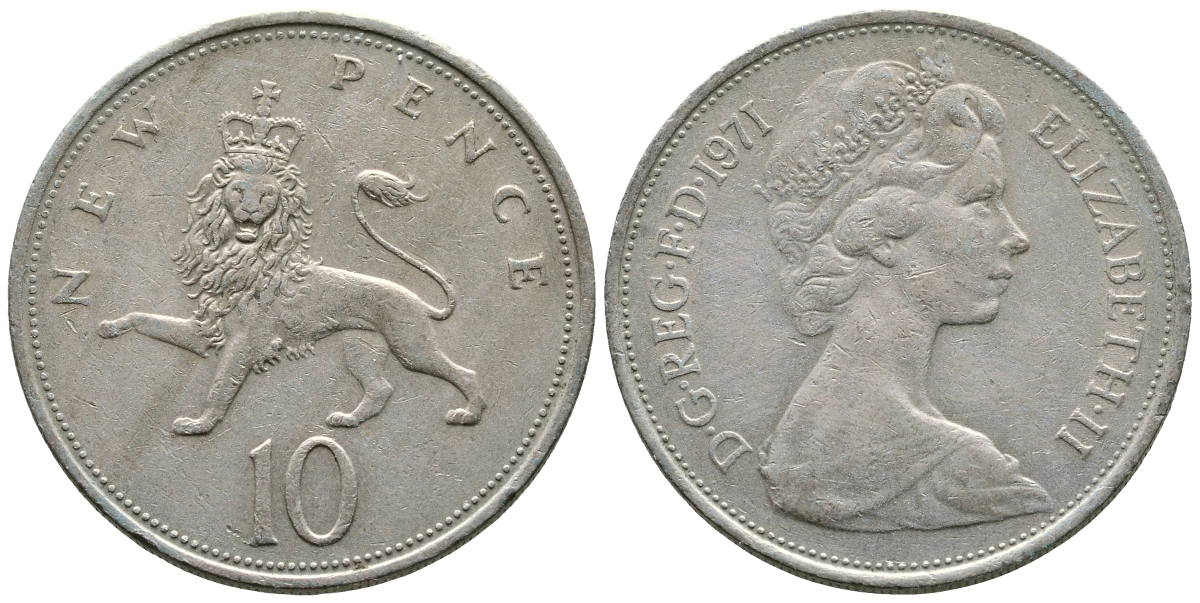 Великобритания 10 пенсов 1971 Елизавета II (1952-2022) KM 912, Spink 4231 (F1) медно-никель 4364-3845
