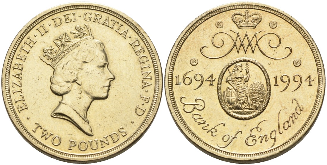 Великобритания 2 фунта 1994 Елизавета II (1952-2022), 300 лет банку Англии (1694-1994) KM 968, Spink 4314 (K4) никель латунь 88-422