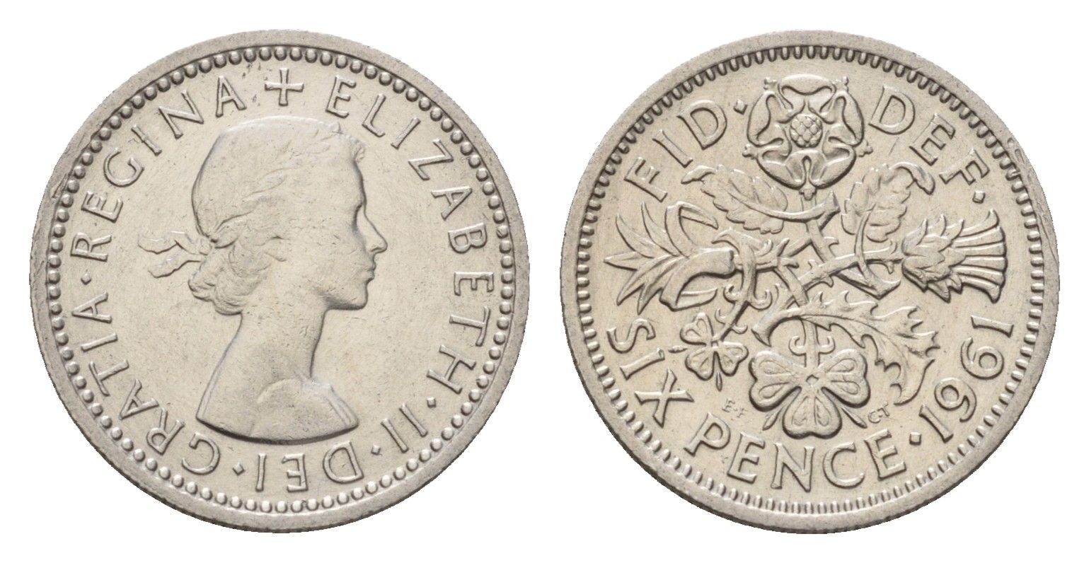 Великобритания 6 пенсов 1961 Елизавета II (1952-2022) KM 903, Spink 4149 медно-никель 4651-1164