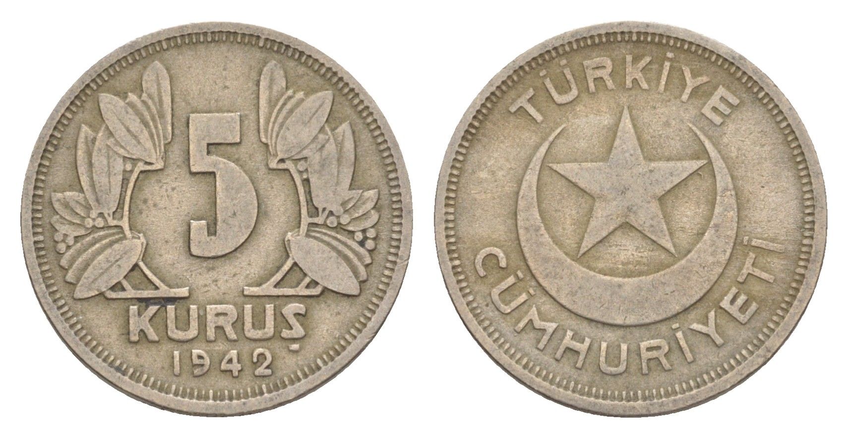 Турция 5 курушей 1942 KM 862 медно-никель 4647-513