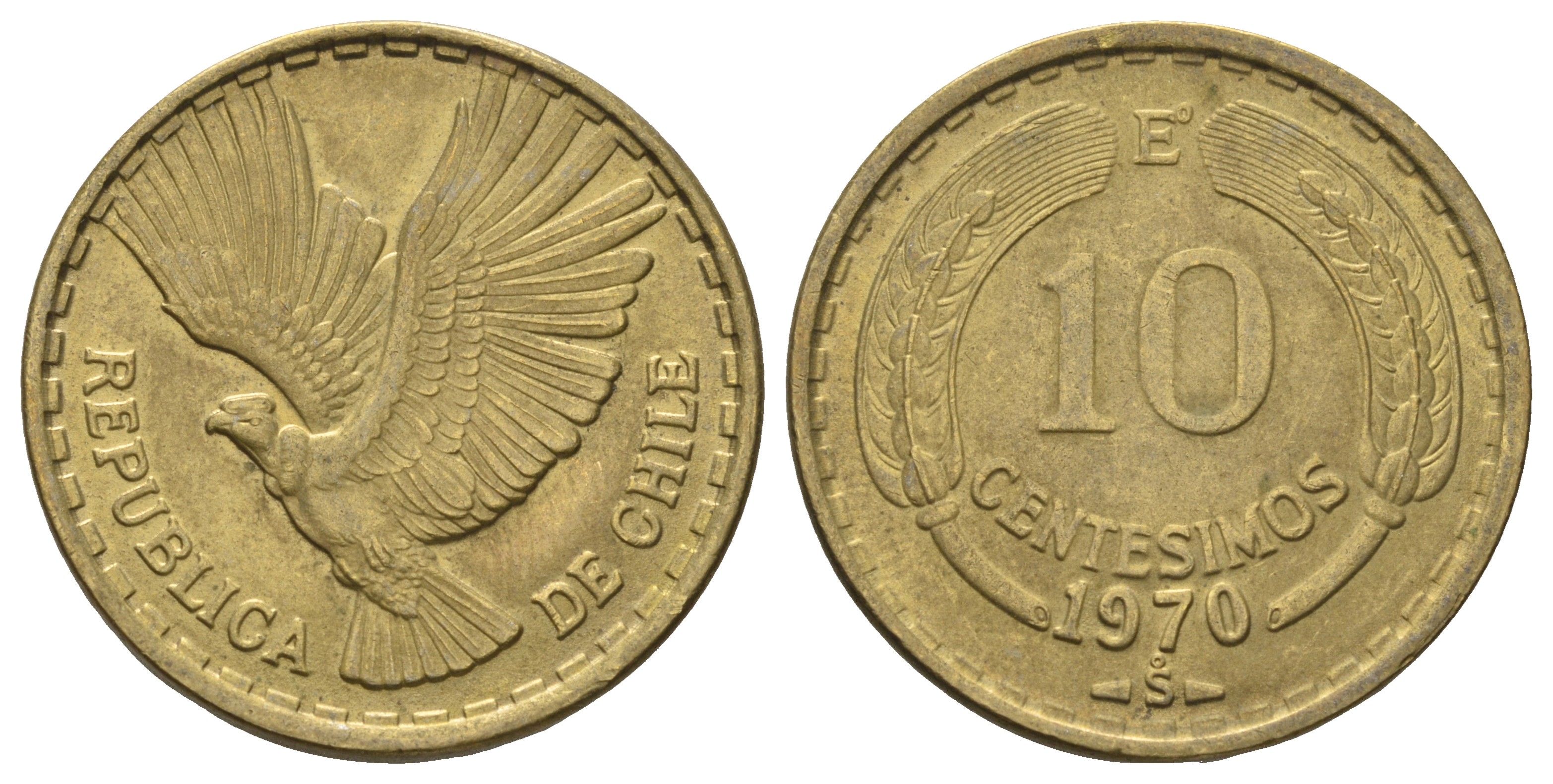 Чили 10 сентесимо 1970 KM 191 алюминиевая бронза 4161-737