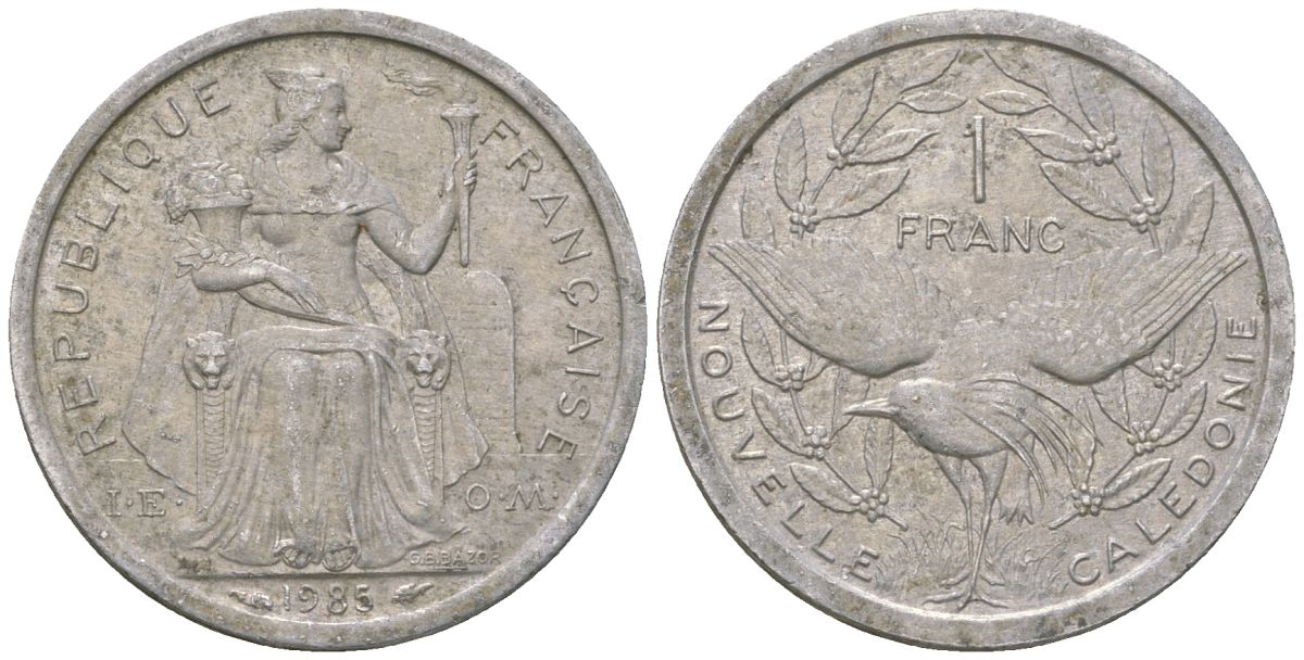 Французская Новая Каледония 1 франк 1985 птица кагу, (IEOM) KM 10, Schoen 10, Lec 47 алюминий 51-2926