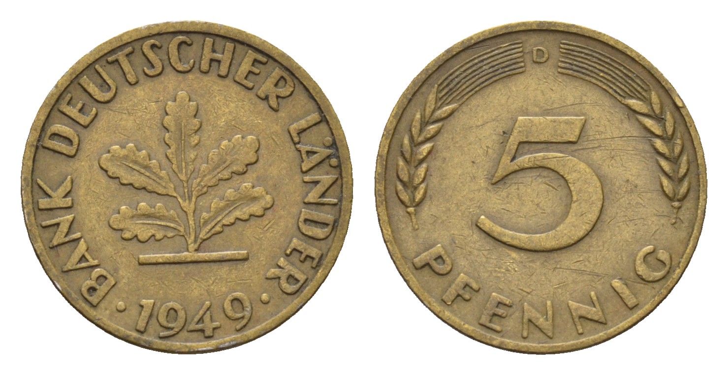 ФРГ 5 пфеннигов 1949 D KM 102, J. 377 сталь плакированная латунью 4685-358