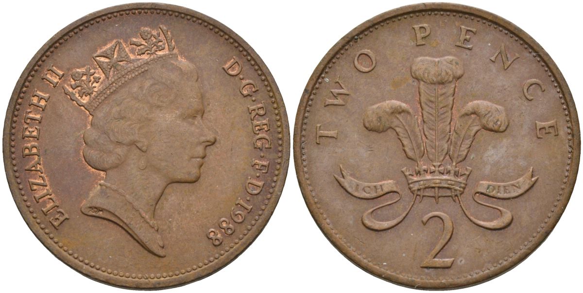 Великобритания 2 пенса 1988 Елизавета II (1952-2022) KM 936, Spink 4376 (C3) бронза 4116-744