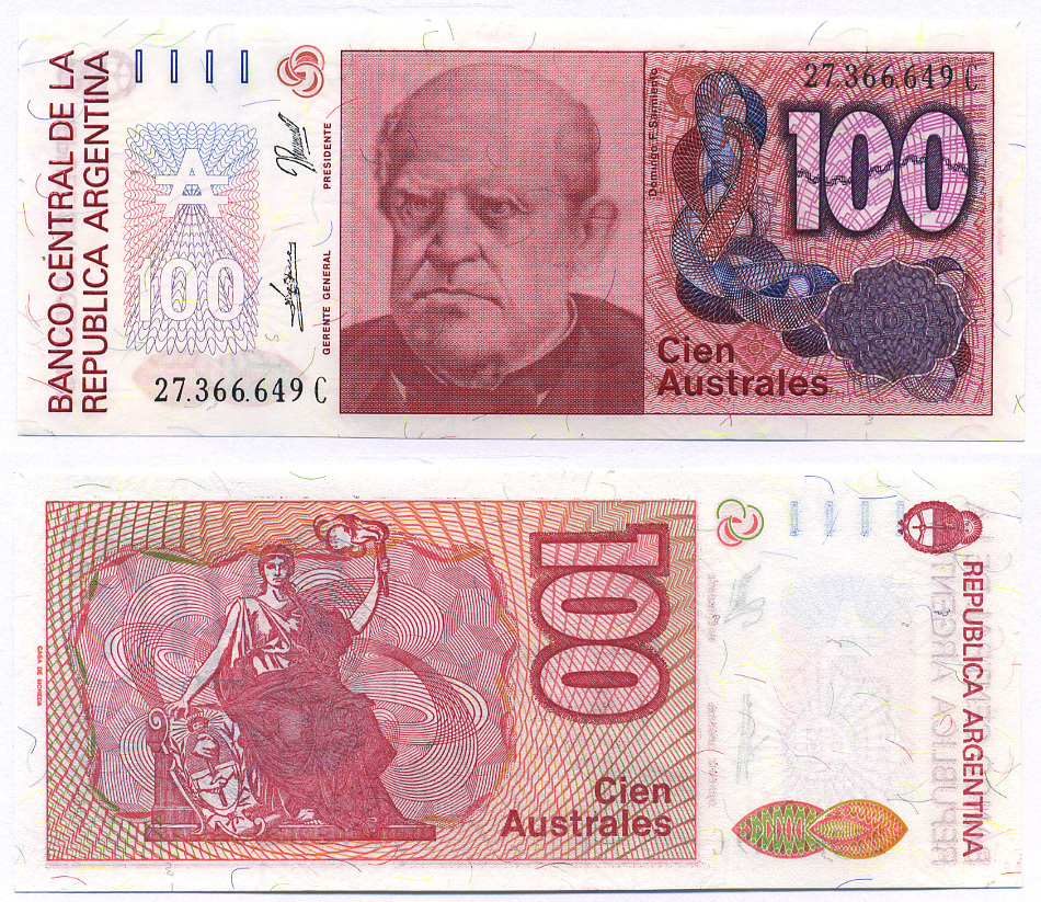 АРГЕНТИНА 100 АУСТРАЛЕЙ 1989 СЕРИЯ С 27366, Фаустино Сармьенто, Аргентинский военный деятель, масон Pick 327c, Bottero 2845 бумага UNC (ПРЕСС) 8564-38-1