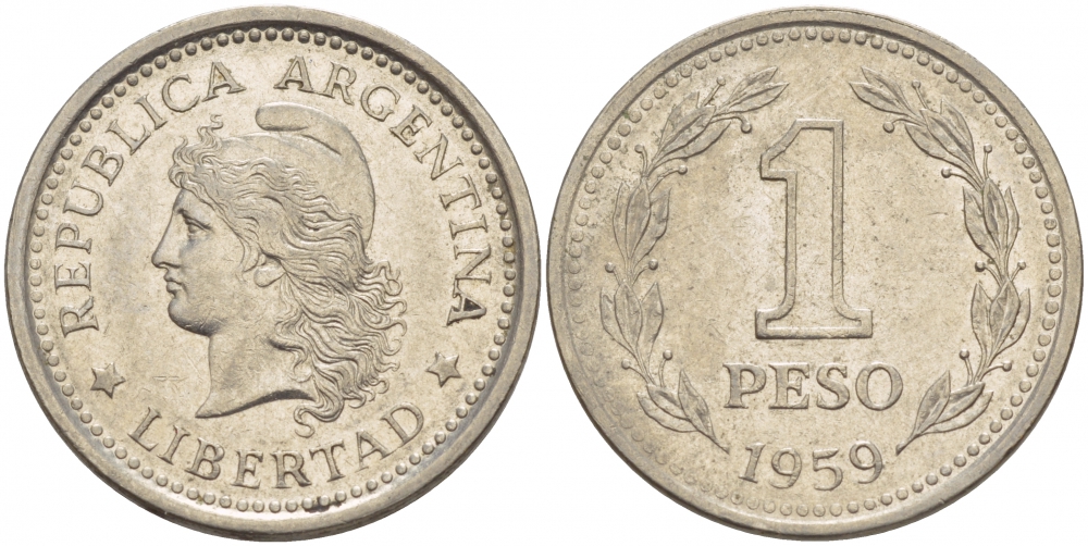 Аргентина 1 песо 1959 голова свободы влево KM 57 сталь плакированная никелем 4548-341