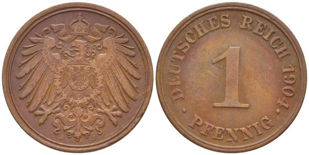 ГЕРМАНИЯ 1 ПФЕННИГ 1904 J KM 10, J. 10, Weege 2 медь 211-319
