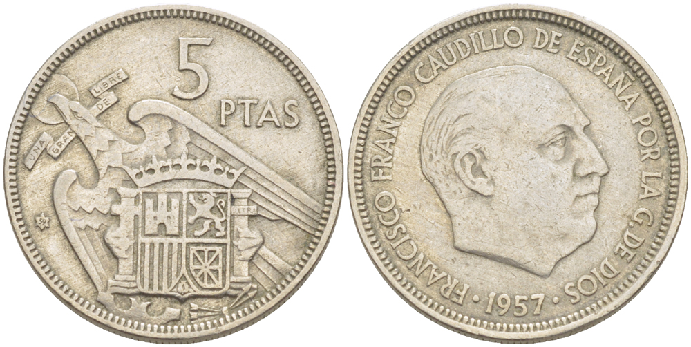 ИСПАНИЯ 5 ПЕСЕТ 1957 (59) ФРАНСИСКО ФРАНКО ДИКТАТОР ИСПАНИИ ( 1939- 1975) KM 786 медно-никель 216-644