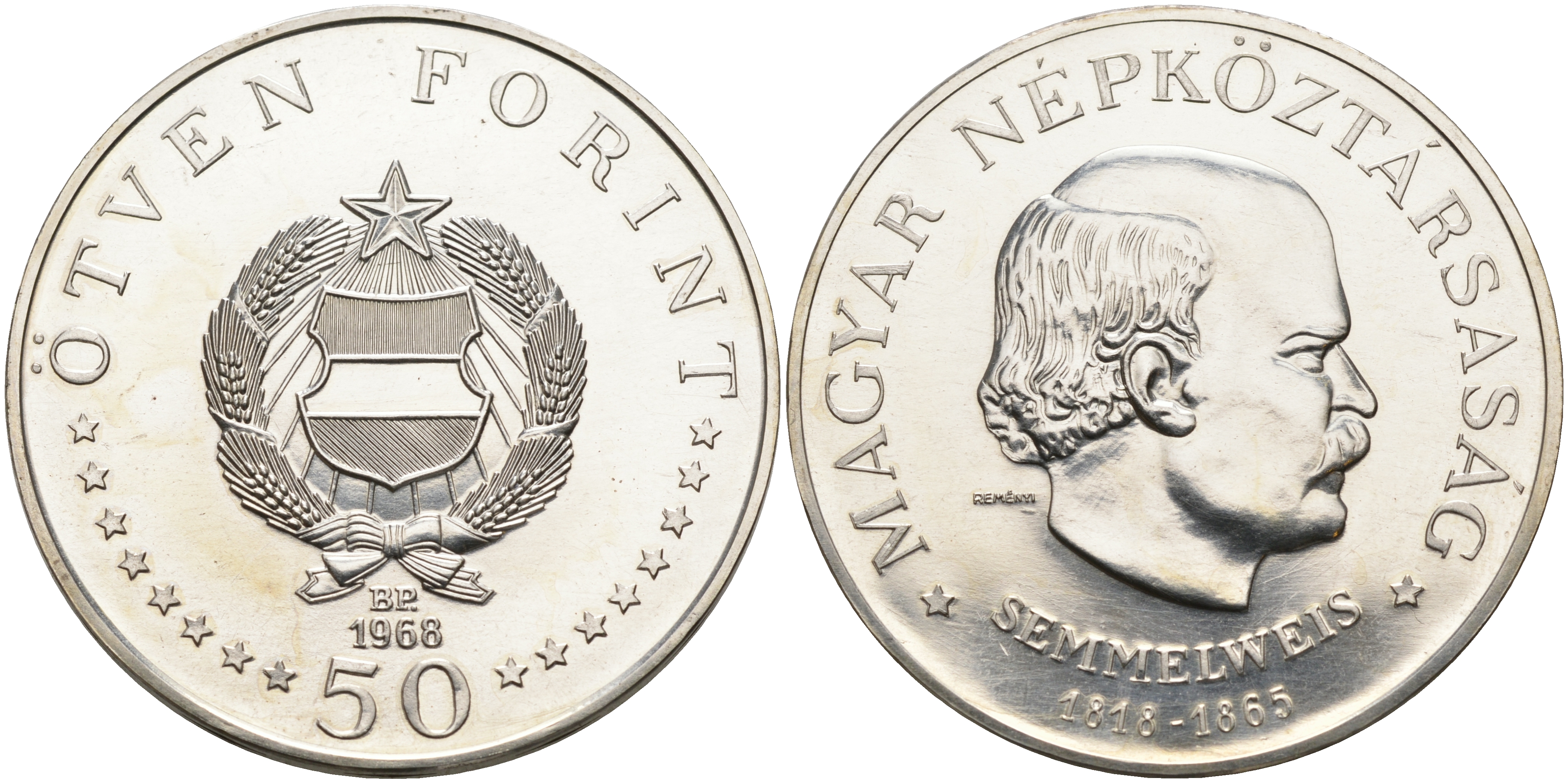 Венгрия 50 форинтов 1968 150 лет со дня рождения Игнаца Земмельвейса KM 582 серебро UNC 1095-5-32