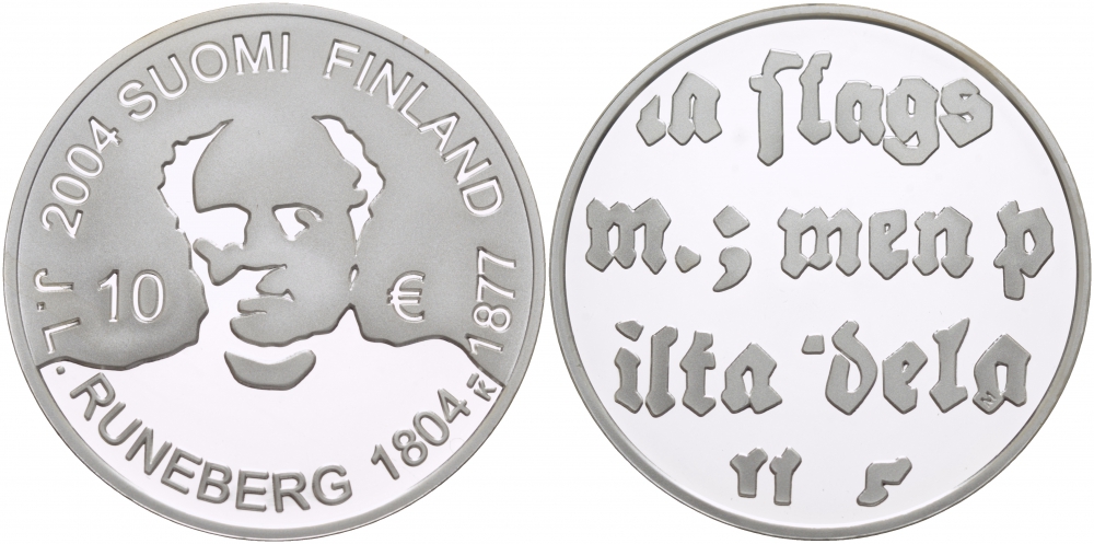 Финляндия 10 евро 2004 200 лет со дня рождения Йохана Людвига Рунеберга, поэт KM 115 серебро  PROOF 11-102-13